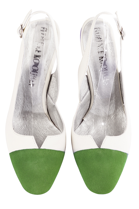 Grass green and off white women's slingback shoes. Round toe. Very high slim heel. Top view - Florence KOOIJMAN